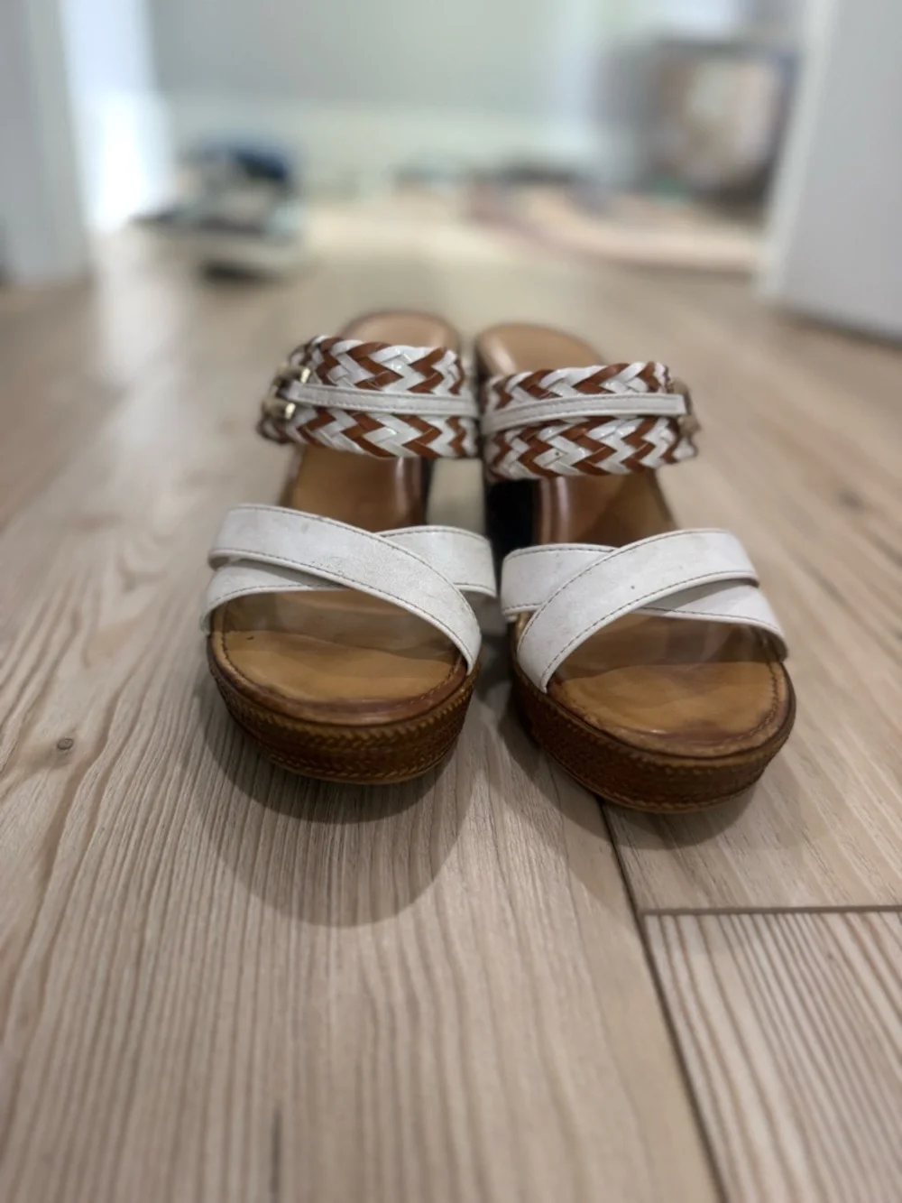 Italian Shoemakers White & Brown‎ Woven Leather Wedge Sandals